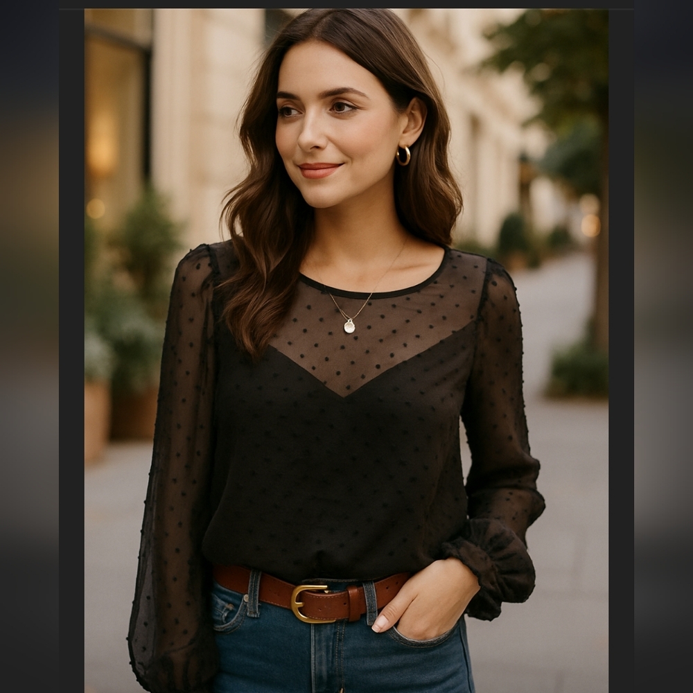 WAYF Black Swiss Dot Long Sleeve Bodysuit Semi-sheer